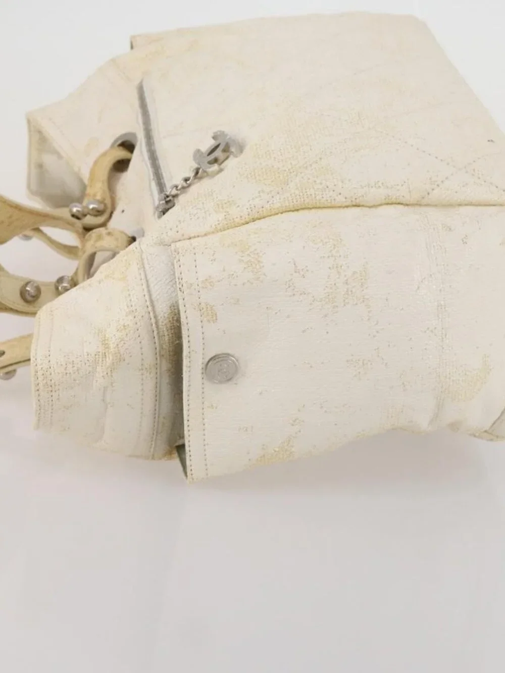 CHANEL Paris Biarritz GM Hand Bag Canvas White Silver CC Auth 185503